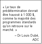 Text Box: « Le taux de prédétermination devrait être haussé à 1 000 $, comme la majorité des programmes standards qu’on retrouve sur le marché. »
– Dr Louis Dubé,
ADC
