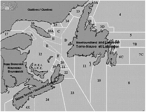 zones de pêche du crabe des neiges dans les provinces de l'Atlantique et au Québec