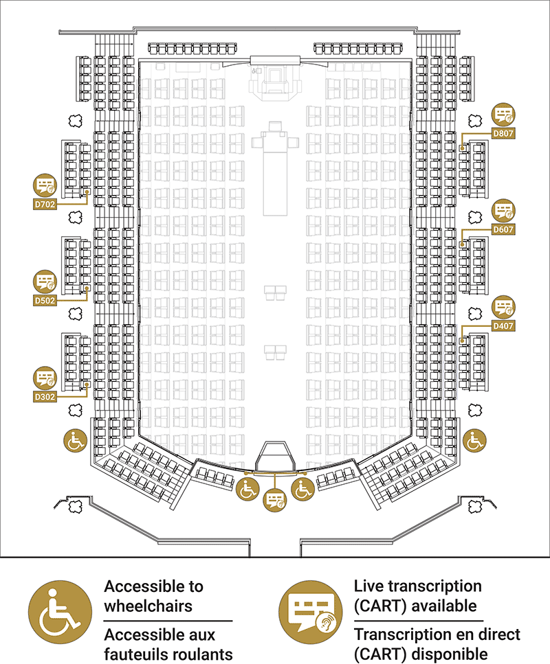 Plan des tribunes de la Chambre des communes. Les sièges désignés pour l'outil CART sont situés près de l'entrée des tribunes et dans les rangées supérieures des deux côtés des tribunes.