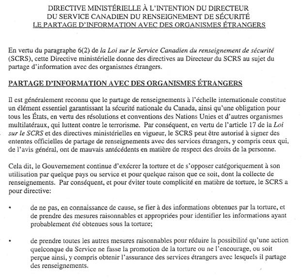 DIRECTIVE MINISTÉRIELLE À L’INTENTION DU DIRECTEUR DU SERVICE CANADIEN DU RENSEIGNEMENT DE SÉCURITÉ :
LE PARTAGE DE L’INFORMATION AVEC DES ORGANISMES ÉTRANGERS