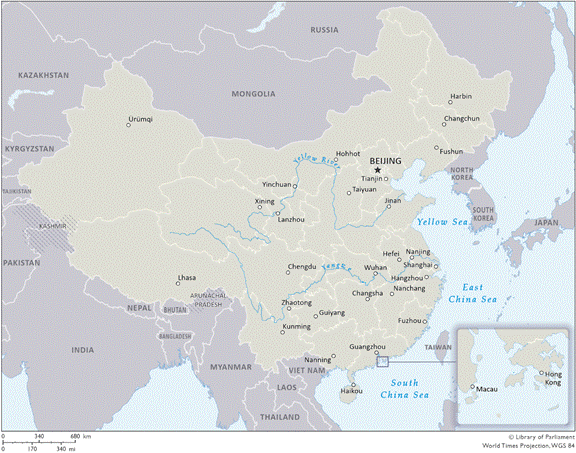 This map illustrates China surrounded in the north, west and south by its neighbouring countries and in the south-east and east by the Yellow and the China seas. In the lower right corner, there’s a zoom on Macau and Hong Kong, which shows the respective peninsulas and surrounding islands. 