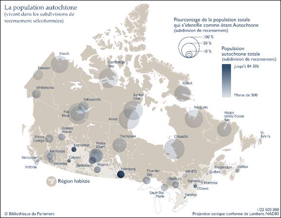 La figure 2, qui est une carte du Canada, présente la population totale qui se déclare Autochtone dans certaines subdivisions de recensement du pays, ainsi que le pourcentage de cette population représentée dans chacune de ces subdivisions. Winnipeg est la subdivision de recensement qui possédait la plus grande concentration d’Autochtones en 2016, avec 84 305 personnes, soit plus de 10 % de la population totale. Même si la concentration d’Autochtones approchait 100 % de la population totale dans plusieurs subdivisions de recensement du Nord canadien, la population totale recensée dans ces subdivisions était inférieure à celle dénombrée dans certaines villes plus au sud.