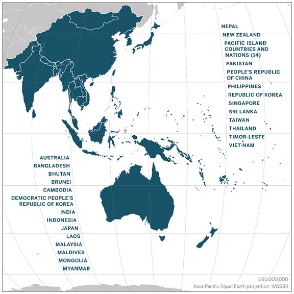 Map of the Indo-Pacific region, including the following countries and nations: Australia, Bangladesh, Bhutan, Brunei, Cambodia, Democratic People’s Republic of Korea, India, Indonesia, Japan, Laos, Malaysia, Maldives, Mongolia, Myanmar, Nepal, New Zealand, Pacific Island countries and nations (14), Pakistan, People’s Republic of China, the Philippines, Republic of Korea, Singapore, Sri Lanka, Taiwan, Thailand, Timor-Leste, Viet Nam.