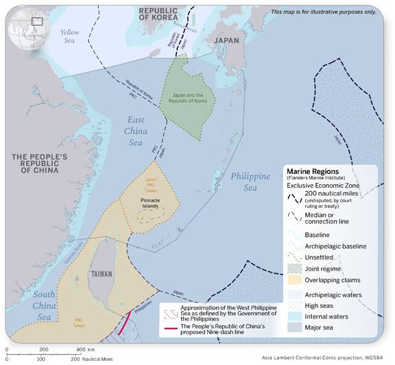 Map illustrating the exclusive economic zones (EEZs) in the East China Sea. Joint regimes, and undisputed, unsettled, and overlapping EEZs are displayed, as well as internal coastal waters. A small portion of the West Philippine Sea, as defined by the Philippines, and the People’s Republic of China’s proposed 9-Dash line appear in the southern part of the map.