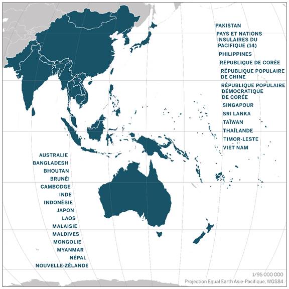 Carte de la région indo-pacifique, incluant les pays et nations suivantes : l’Australie, le Bangladesh, le Bhoutan, le Brunéi, le Cambodge, la République populaire démocratique de Corée, l’Inde, l’Indonésie, le Japon, le Laos, les pays et nations insulaires du Pacifique (14), les Philippines, la Malaisie, les Maldives, la Mongolie, le Myanmar, le Népal, la Nouvelle-Zélande, le Pakistan, la République de Corée, la République populaire de Chine, le Sri Lanka, Singapour, le Timor oriental, la Thaïlande, Taïwan et le Viet Nam.