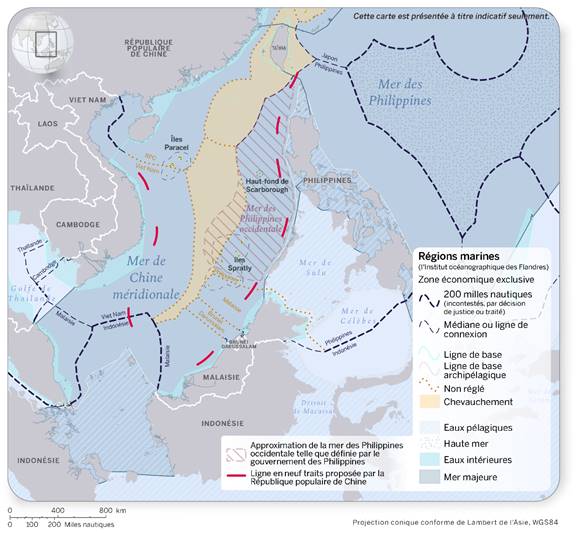 61. Carte qui montre les liens entre la mer des Philippines occidentale, telle que délimitée par le gouvernement des Philippines et la ligne en neuf traits de la République populaire de Chine, et les zones économiques exclusives (ZEE) dans la mer de Chine méridionale. On y voit les ZEE non contestées, qui se chevauchent et qui n’ont pas encore fait l’objet d’un règlement ainsi que les eaux côtières intérieures et les eaux archipélagiques des Philippines et de l’Indonésie.