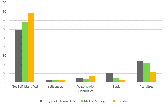 Figure 4 is a chart bar that represents in the percentage of employees at Immigration, Refugees and Citizenship Canada by career level (entry and intermediate levels, middle management level, or executive level). The vast majority of employees have not self-identified, especially for those in executive positions (72%).