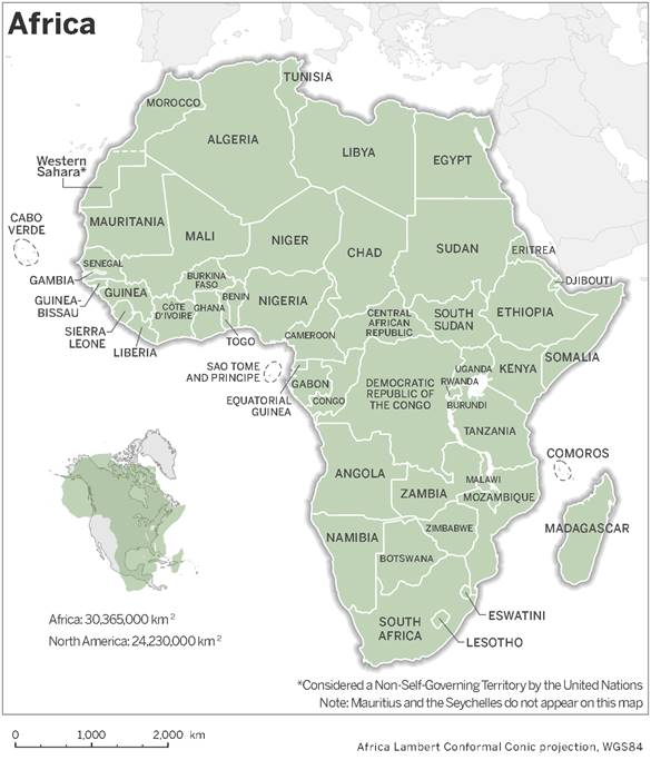 This map illustrates the African continent and its countries (except for Mauritius and the Seychelles). There is also a smaller map of Africa superimposed on North America, which shows that Africa is the larger continent with 30,365,000 km² in area as opposed to 24,230,000 km² for North America.