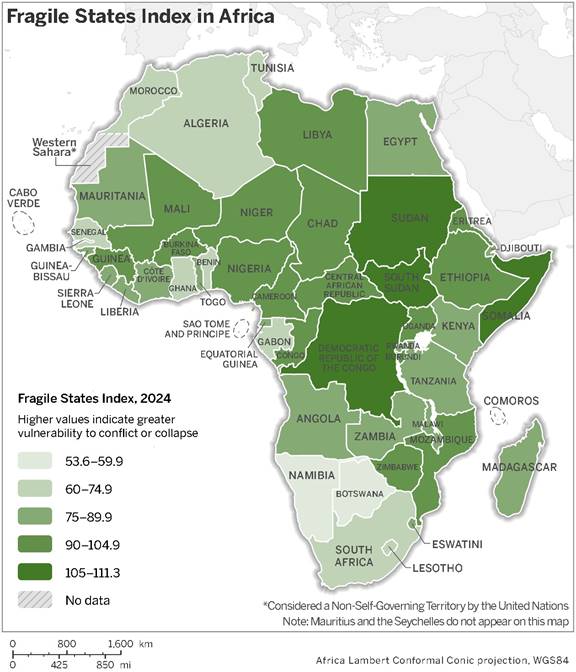 This map illustrates the Fragile States Index of African countries as of 2024. Higher values indicate greater vulnerability to conflict or collapse. The index classes are: 53.6–59.9, 60–74.9, 75–89.9, 90–104.9 and 105–111.3. The countries in the lowest class are Botswana, Cabo Verde and Namibia. Those in the highest class are the Democratic Republic of the Congo, Somalia, South Sudan and Sudan. There is no data for Western Sahara.