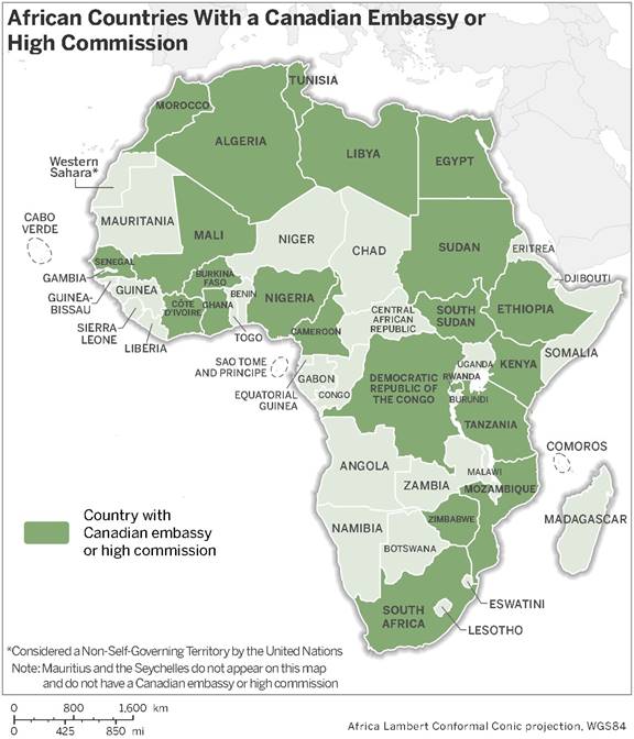 This map illustrates the location of Canada’s embassies and high commissions in Africa. There are 22 out of 54 African countries with a Canadian embassy or high commission.