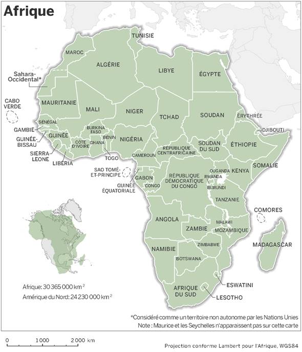 Cette carte illustre le continent africain et ses pays (à l'exception de Maurice et les Seychelles). Il y a également une carte plus petite de l'Afrique superposée à l'Amérique du Nord, qui montre que l'Afrique est le plus grand continent avec une superficie de 30 365 000 km² contre 24 230 000 km² pour l'Amérique du Nord.