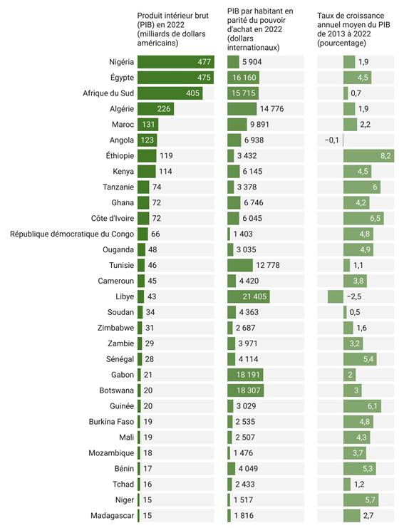 Dans la première colonne, la figure 2 présente les pays africains en fonction de leur produit intérieur brut (PIB) en 2022, par ordre décroissant. La colonne montre une différence significative entre le pays ayant le PIB le plus élevé, le Nigeria avec 477 milliards de dollars, et les pays ayant le PIB le plus bas, les Comores et Sao Tomé-et-Principe, chacun ayant un PIB arrondi à 1 milliard de dollars. Une deuxième colonne indique le PIB par habitant pour chaque pays. 
Cette colonne révèle une grande variation entre les pays, avec un PIB par habitant estimé à environ 430 dollars internationaux pour le Sud-Soudan et à près de 39 000 dollars internationaux pour les Seychelles. La troisième colonne indique le taux de croissance annuel moyen du PIB entre 2013 et 2022 en pourcentage. Elle montre une grande variation entre les pays, d'un taux annuel positif de 8,2 % pour l'Éthiopie à un taux annuel négatif de 4,2 % pour la Guinée équatoriale.