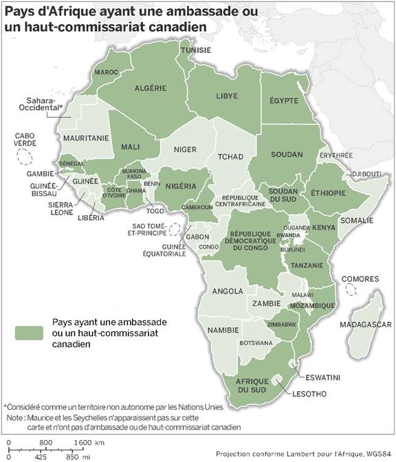 Cette carte illustre l'emplacement des ambassades et des hauts-commissariats du Canada en Afrique. Sur les 54 pays africains, 22 disposent d'une ambassade ou d'un haut-commissariat canadien.