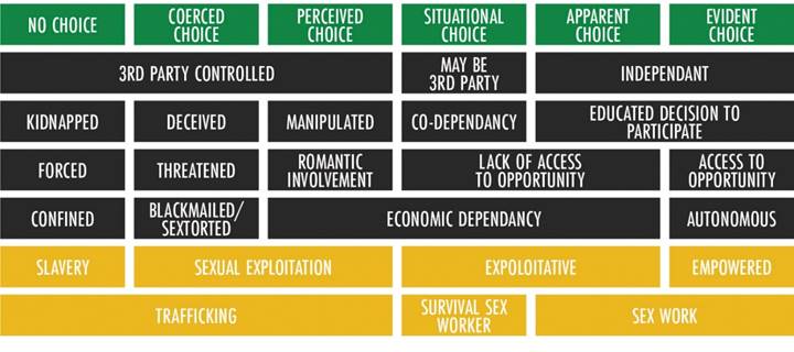 The figure entitled Spectrum of Choice shows six columns and six rows of text that illustrate the spectrum from “No Choice” to “Evident Choice” regarding work in the sex industry. The left side of the figure outlines the “No Choice,” “Coerced Choice” and the “Perceived Choice” situations, which may include kidnapping, blackmailing, romantic involvement or economic deception, among others. Beginning from the middle of the figure towards the right side, the figure illustrates “Situational Choice,” “Apparent Choice” and “Evident Choice.” These include situations such as lack of access to opportunity, access to opportunity, survival sex work, and empowered and evident choice sex work.