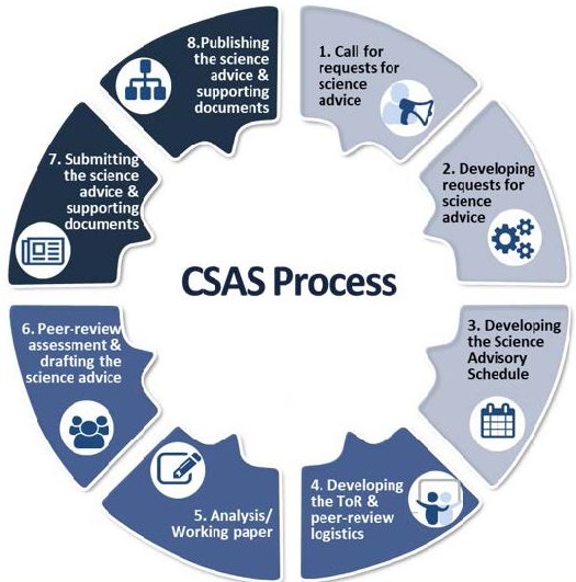 1. Call for requests for science advice
2. Developing requests for science advice
3. Developing the Science Advisory Schedule
4. Developing the ToR & peer-review logistics
5. Analysis/Working paper
6. Peer-review assessment & drafting the science advice
7. Submitting the science advice & supporting documents
8. Publishing the science advice & supporting documents