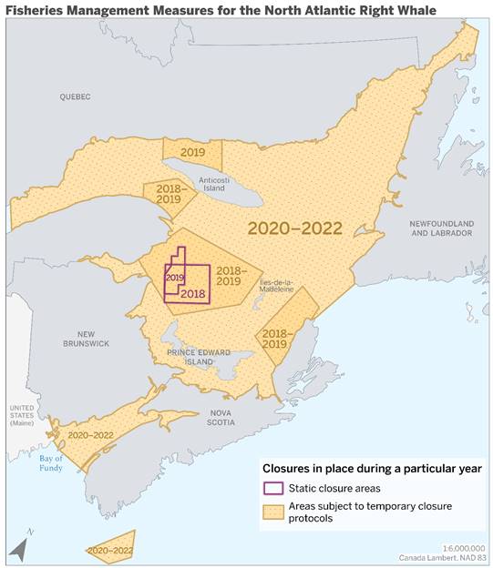 This map illustrates the static closure areas in 2018 and 2019, primarily concentrated near the coasts of New Brunswick and Prince Edward Island. It also illustrates the areas that were subject to temporary closure protocols for the protection of North Atlantic Right Whales when sighted in the Gulf of St. Lawrence (the Gulf) and the Bay of Fundy in 2018, 2019 and 2020 to 2022. The areas subject to temporary closure protocols were concentrated in the Gulf, south of Anticosti Island and North of Prince Edward Island in 2018 and 2019 but expanded to the entire Gulf and Bay of Fundy in 2020-2022.