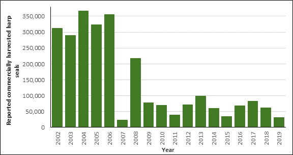 The number of reported commercially harvested harp seals was between approximately 300,000 and 350,000 between 2002 and 2006. It dropped to less than 25,000 in 2007 and increased to approximately 220,000 in 2008. It hovered between 25,000 and 75,000 between 2009 and 2019.