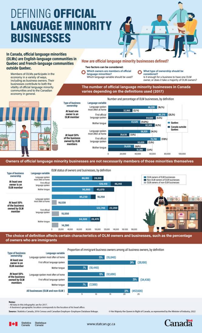 Figure 1 discusses the two main elements that can be used to define an official language minority business: the identification of owners according to different linguistic variables and the type of business ownership. It is also possible to add the immigrant or non-immigrant status of the owners to obtain an intersectional portrait.