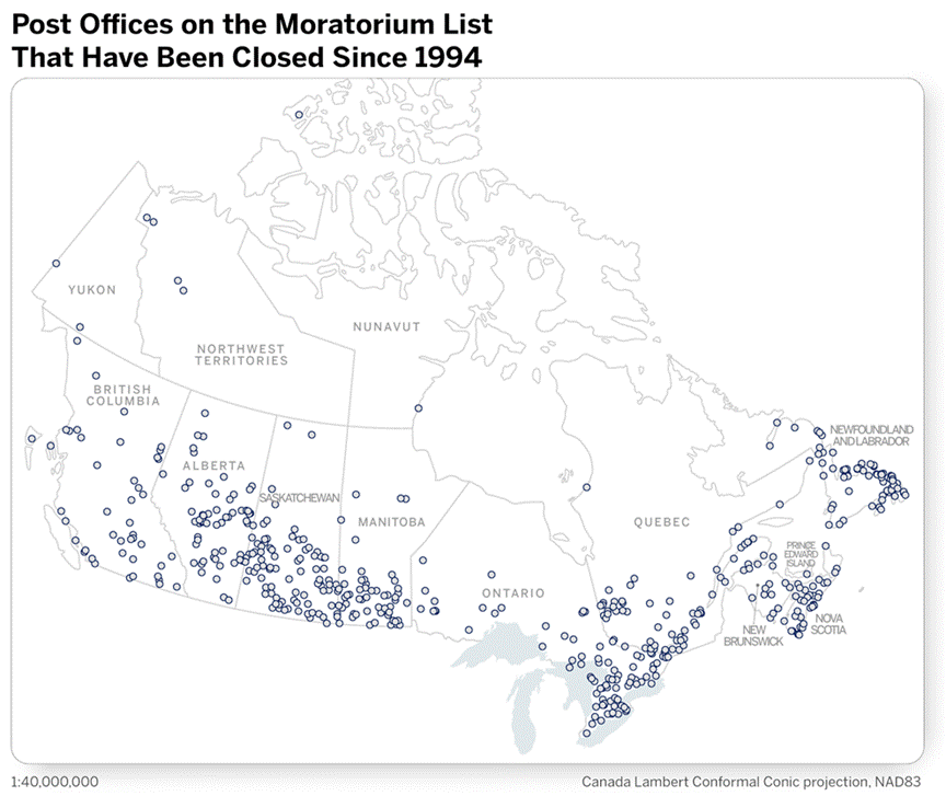 Map depicting the locations of post offices from the Moratorium list that have been closed since 1994