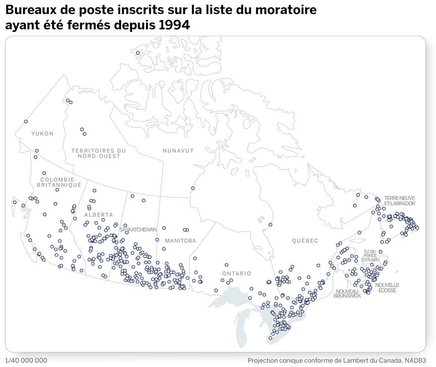 Carte illustrant les emplacements sur la liste du moratoire des bureaux de postes qui ont été fermés au Canada depuis 1994.