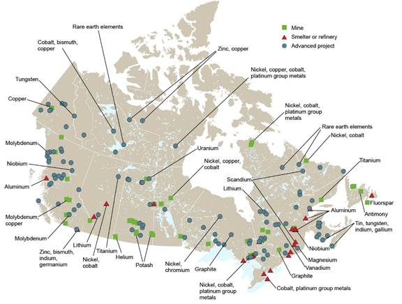 A map indicating the locations of critical mineral deposits and projects in Canada. Icons are used to indicate whether projects and deposits are mines, smelters or refineries, or advanced projects, and labels show the type of mineral or resource.