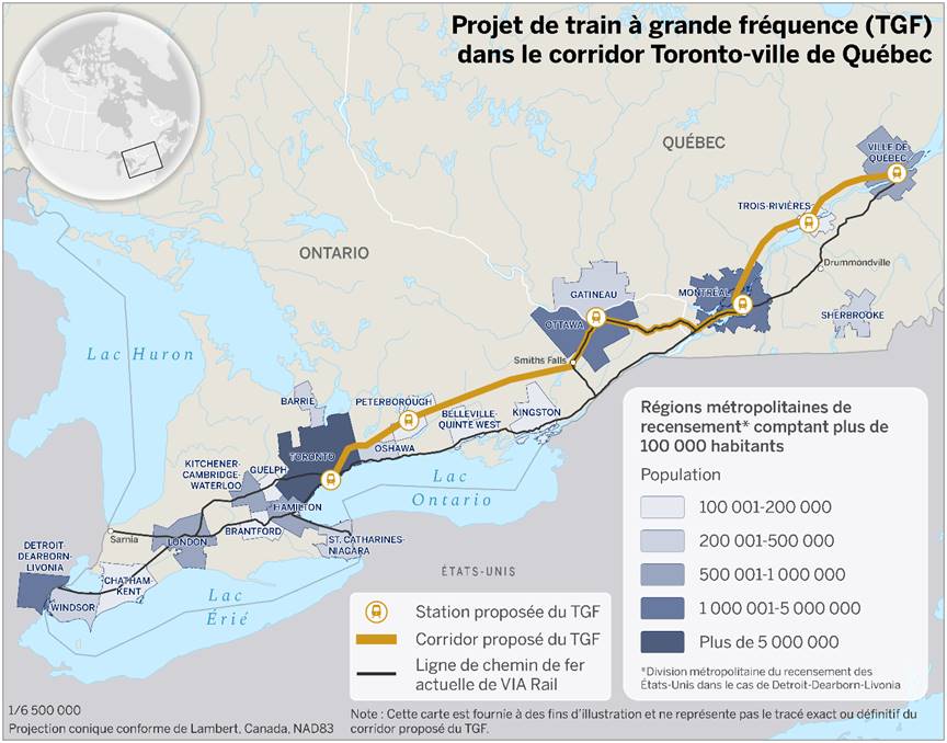 Cette carte illustre le projet de train à grande fréquence dans le corridor Toronto-ville de Québec, avec des stations à Toronto, Peterborough, Ottawa, Montréal, Trois-Rivières et la ville de Québec. La carte montre également les lignes de chemin de fer actuelles de VIA Rail dans le corridor Windsor-ville de Québec, les régions métropolitaines de recensement dont la population est supérieure à 100 000 habitants et la division métropolitaine Detroit-Dearborn-Livonia aux États-Unis. Les régions métropolitaines et la division sont illustrées en fonction de leur population, Toronto étant la plus peuplée et Chatham-Kent la moins peuplée.